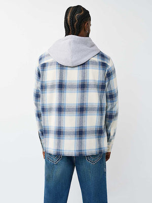 TRUE RELIGION SHIRT HOODED FLANNEL WINTER WHITE-BLUE