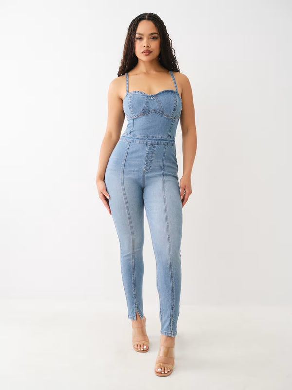 True Religion Jumpsuit Denim Zip Fitted Blue