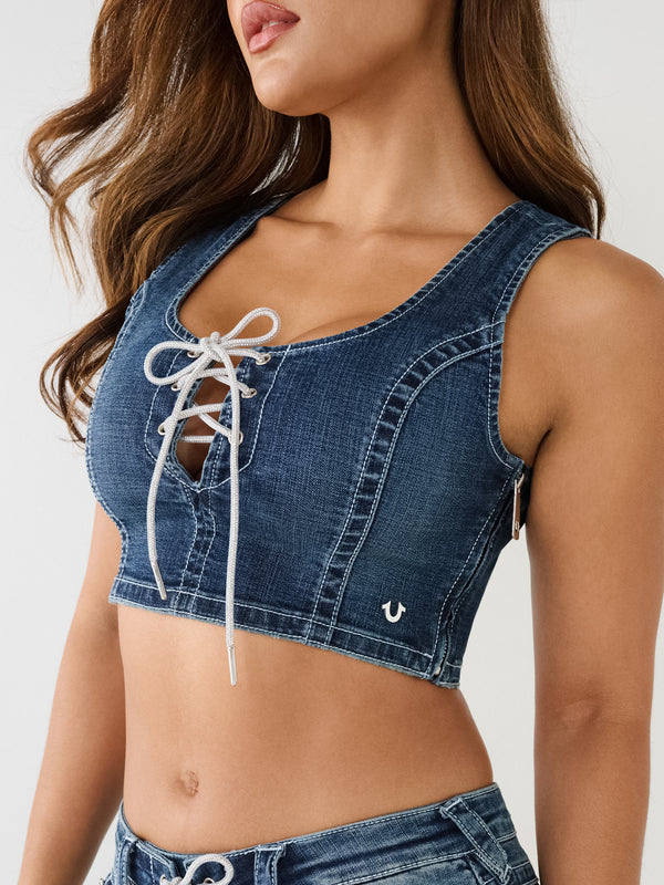 True Religion Crystal Tank Lace Up Denim Love In A Mist