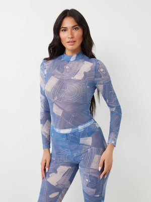 True Religion Mesh Denim Printed Bodysuit Blue-True Religion