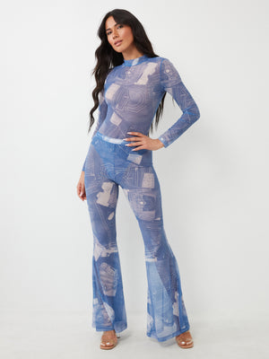 True Religion Mesh Denim Printed Bodysuit Blue-True Religion
