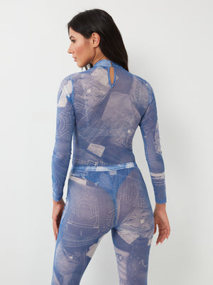 True Religion Mesh Denim Printed Bodysuit Blue-True Religion