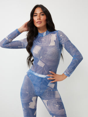 True Religion Mesh Denim Printed Bodysuit Blue-True Religion