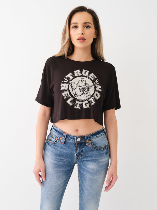 True Religion Distressed T-Shirt Buddha Crop Jet Black