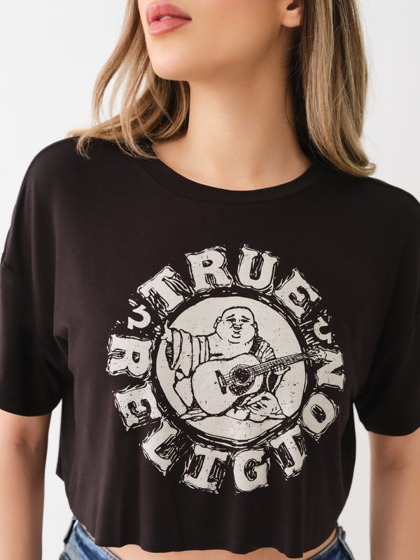 True Religion Distressed T-Shirt Buddha Crop Jet Black