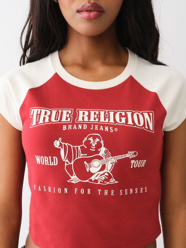 True Religion Contrast Raglan T-Shirt Baby Tee Red Dahlia