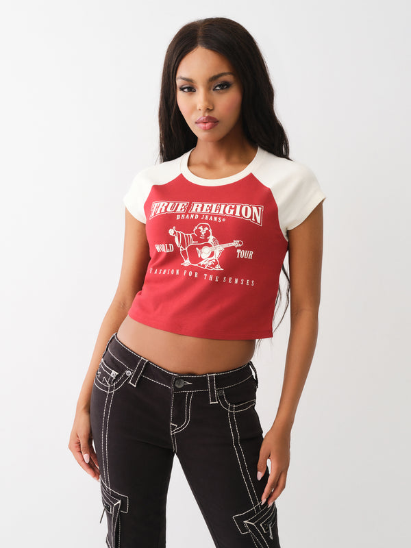 True Religion Contrast Raglan T-Shirt Baby Tee Red Dahlia