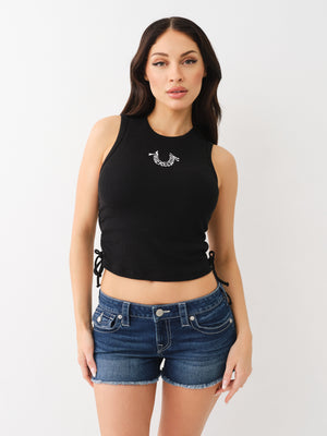 True Religion Embroidered Tank Side Ruched Jet Black-True Religion