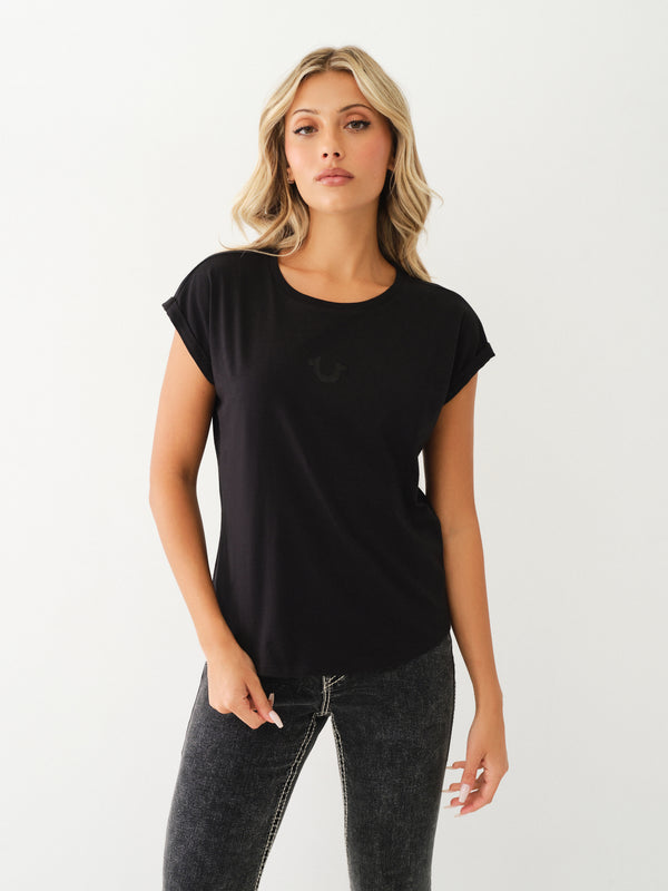 True Religion Embroidery Cuff T-Shirt Ladies Jet Black