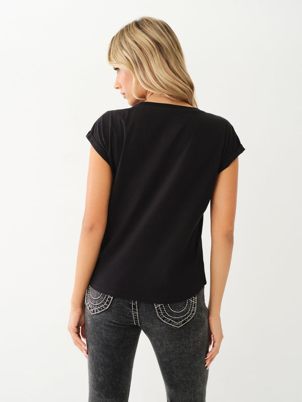 True Religion Embroidery Cuff T-Shirt Ladies Jet Black