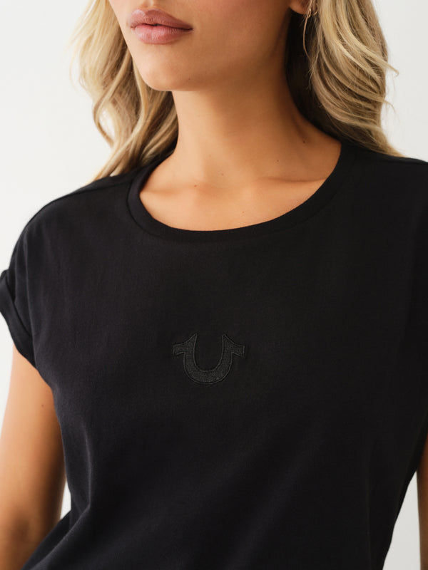 True Religion Embroidery Cuff T-Shirt Ladies Jet Black