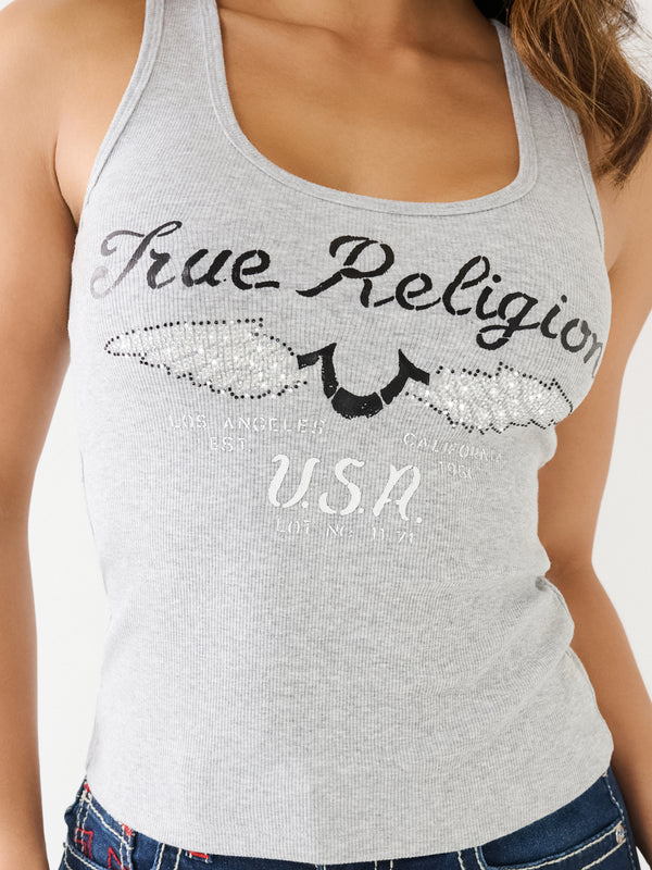 True Religion Crystal Wings Tank Top Heather Grey