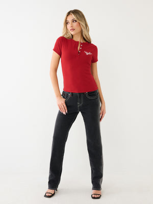True Religion Crystal Retro T-Shirt Henley Red Dhalia-True Religion