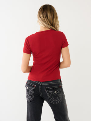 True Religion Crystal Retro T-Shirt Henley Red Dhalia-True Religion