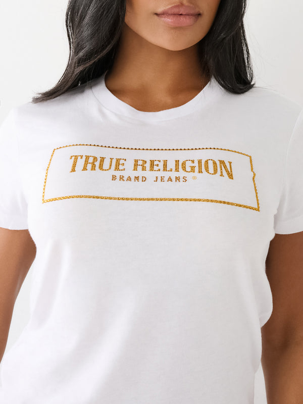 True Religion T-Shirt Ladies Crystal Box Arched Logo Slim Optic White