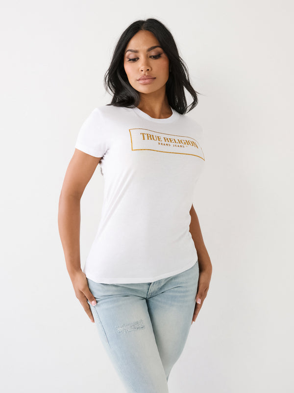 True Religion T-Shirt Ladies Crystal Box Arched Logo Slim Optic White