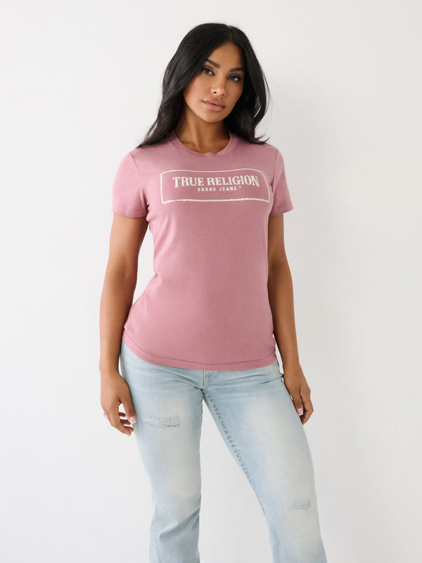 True Religion T-Shirt Ladies Crystal Box Arched Logo Slim Wistful Mauve