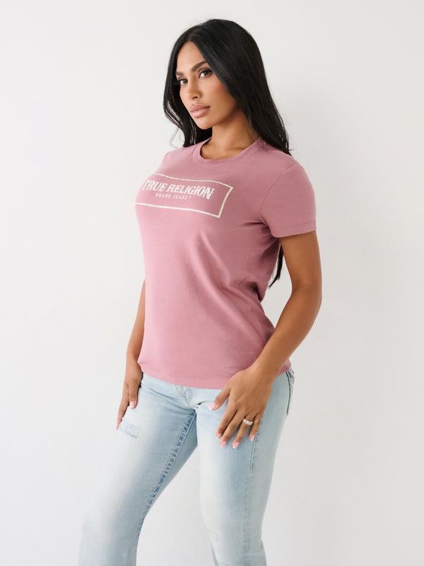 True Religion T-Shirt Ladies Crystal Box Arched Logo Slim Wistful Mauve