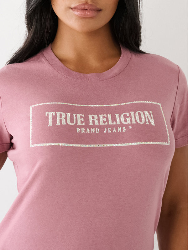 True Religion T-Shirt Ladies Crystal Box Arched Logo Slim Wistful Mauve