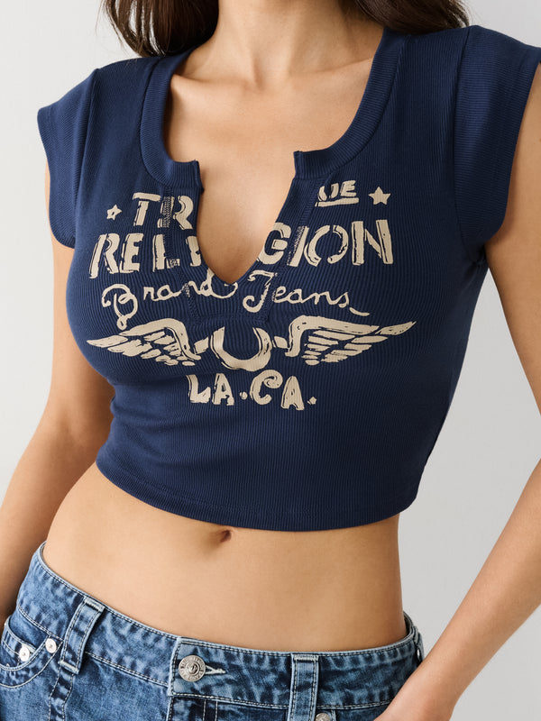 True Religion V Notch T-Shirt Cap Sleeve Logo Dress Blue