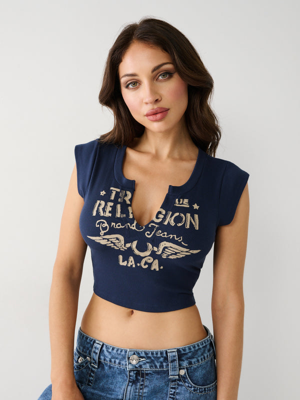 True Religion V Notch T-Shirt Cap Sleeve Logo Dress Blue