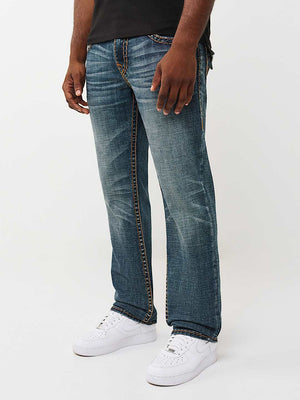 TRUE RELIGION JEANS RICKY SUPER T FLAP 34IN SIDELINE RAW DARK WASH