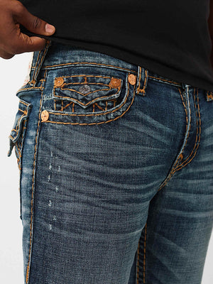 TRUE RELIGION JEANS RICKY SUPER T FLAP 34IN SIDELINE RAW DARK WASH