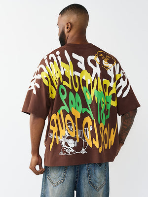 True Religion T-Shirt Ss Graffiti Oversized Garden Brown