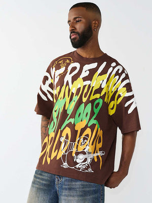 True Religion T-Shirt Ss Graffiti Oversized Garden Brown