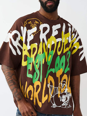 True Religion T-Shirt Ss Graffiti Oversized Garden Brown