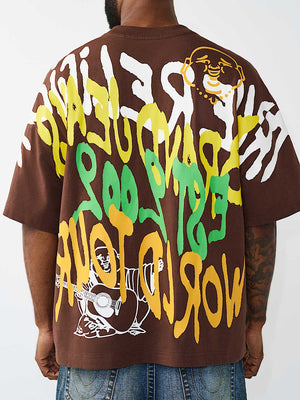 True Religion T-Shirt Ss Graffiti Oversized Garden Brown