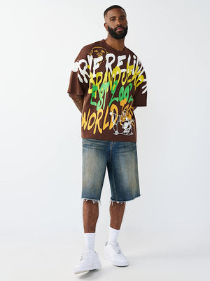 True Religion T-Shirt Ss Graffiti Oversized Garden Brown