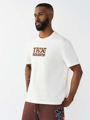 True Religion T-Shirt Ss Wavy Logo Buddha Face Winter White