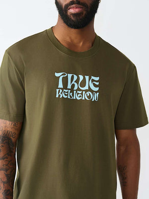 True Religion T-Shirt Ss Wavy Logo Buddha Face Capers Green