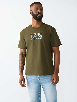 True Religion T-Shirt Ss Wavy Logo Buddha Face Capers Green