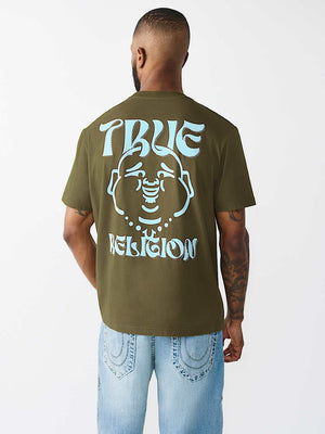 True Religion T-Shirt Ss Wavy Logo Buddha Face Capers Green