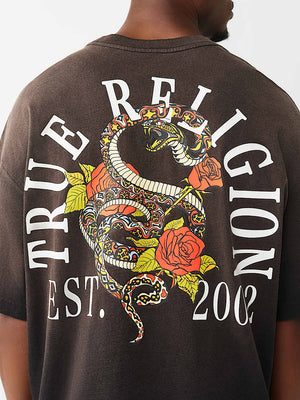 True Religion T-Shirt Floral Snake Oversized Jet Black