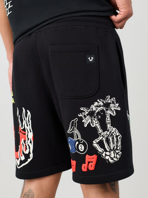 True Religion Shorts Sketched Logo Fleece Jet Black