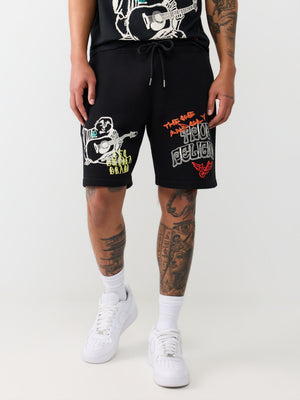 True Religion Shorts Sketched Logo Fleece Jet Black