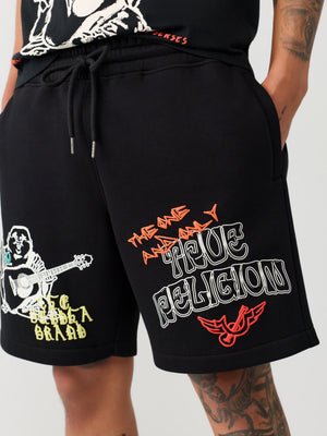 True Religion Shorts Sketched Logo Fleece Jet Black