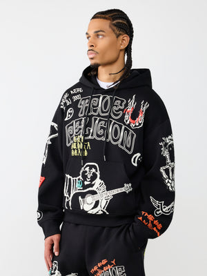 True Religion Hoody Sketched Logo Boxy Jet Black