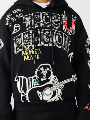 True Religion Hoody Sketched Logo Boxy Jet Black