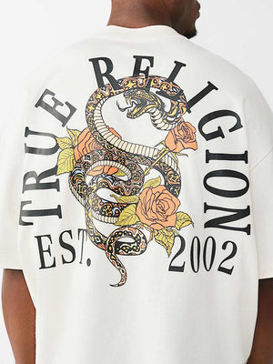 True Religion T-Shirt Floral Snake Oversized Winter White