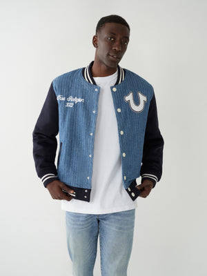 True Religion Jacket Varsity Pinstripe Bomber Dress Blue-True Religion