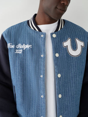 True Religion Jacket Varsity Pinstripe Bomber Dress Blue-True Religion