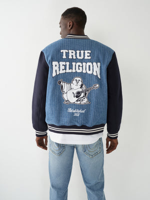 True Religion Jacket Varsity Pinstripe Bomber Dress Blue-True Religion