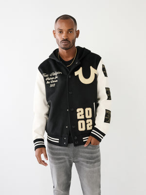 True Religion Varsity Jacket Hooded Jet Black-White-True Religion