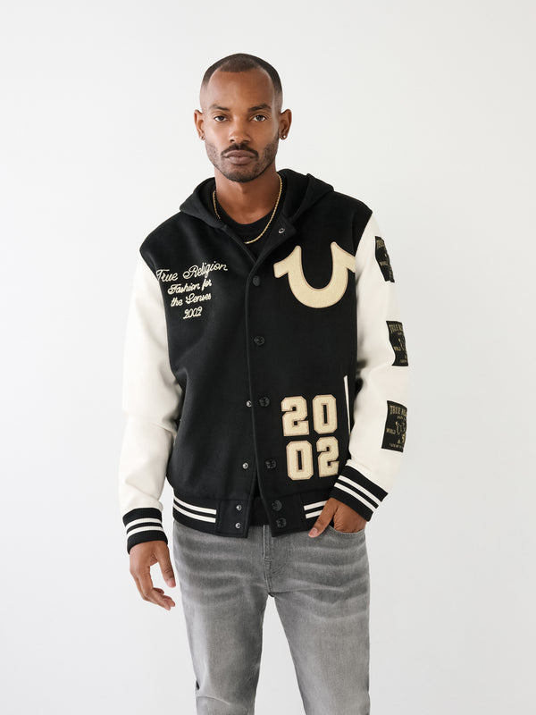 True Religion Varsity Jacket Hooded Jet Black-White