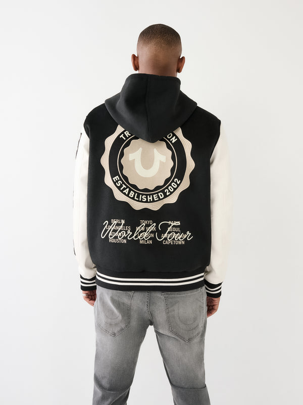 True Religion Varsity Jacket Hooded Jet Black-White