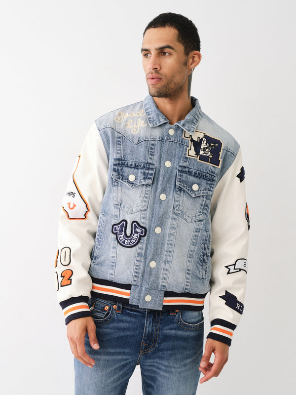 True Religion Jimmy Jacket Denim Varsity Wild Bill Winter White